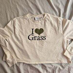 Outdoor Voices 💚 I Love Grass off white boxy long sleeve crop sz M 100% cotton